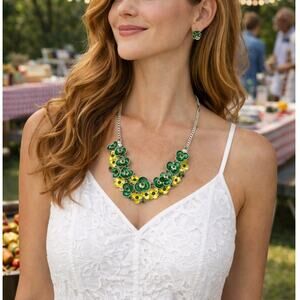 Vintage green and yellow floral necklace earring set enamel statement jewelry